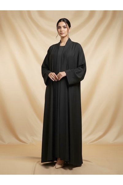 Muchmy Black 3-Piece Abaya Set for Women Nida Open Abaya with Inner Dress & Sheila