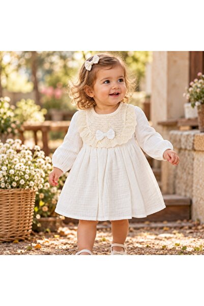 Pure Boutique Rochita fetita din muselina cu dantela si funda, ivoire