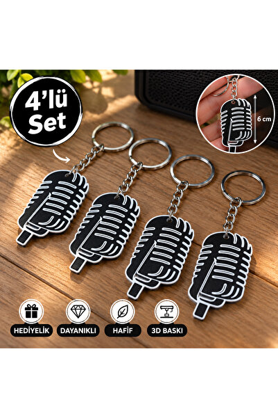 🎤 4’lü Mikrofon Anahtarlık Seti – 3D Baskı Siyah Beyaz – 6 cm