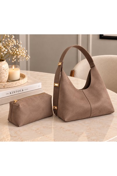 emelimin Lora Model Mink Women's Hobo Shoulder Bag and Mini Bag Set Large Volume Stylish for Daily Use