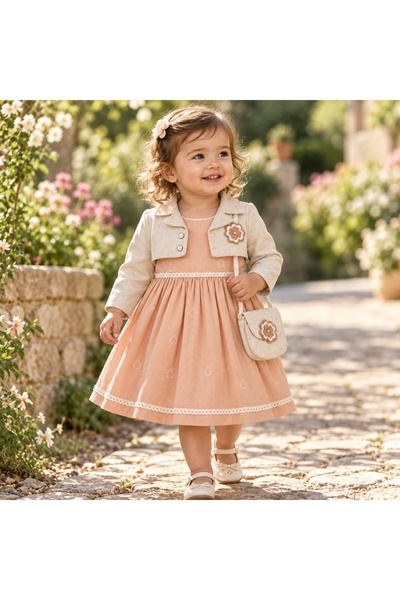 Pure Boutique Κομψό κοριτσίστικο σετ 3 τεμαχίων, φόρεμα σε χρώμα σομόν, κρεμ ...