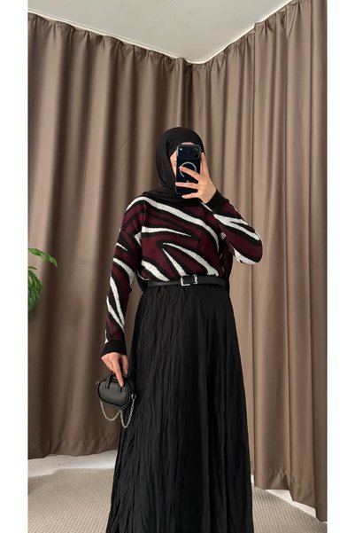 Hepsi Moda Zebra Pattern Half Fisherman Knitwear Sweater - Ers - Burgundy & B...