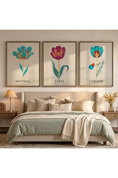 KEYFHOME Nothing Lasts Forever Flower Set of 3 Framed Mdf Painting Poster Liv...