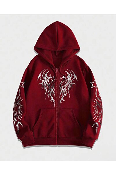Minga London Kırmızı Gotik Tribal Kalp Baskılı Fermuarlı Oversize Kapüşonlu Sweatshirt