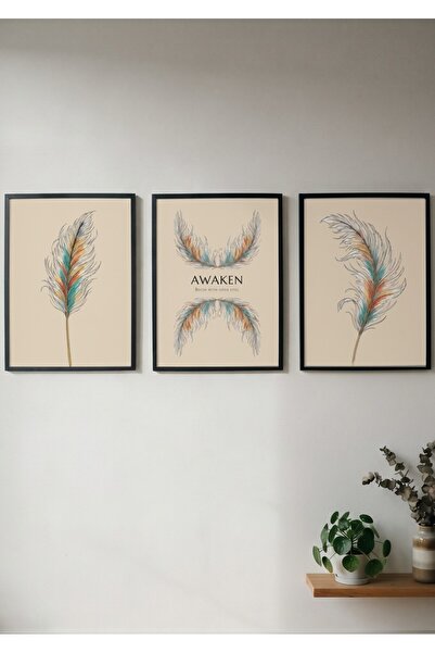 KEYFHOME Awaken Feather Nature Σετ 3 Τεμαχίων Πλαισιωμένο MDF Πίνακας Αφίσα Σ...