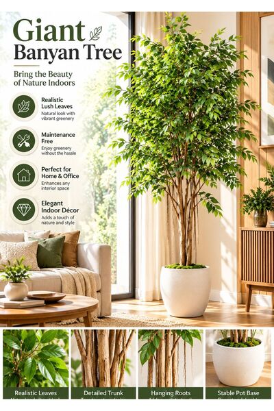 Generic Giant Artificial Banyan Tree – Realistic Indoor Decorative Tree with Lush Green Leaves, Natural-Look Trunk & Stable Pot for Home and Office