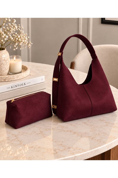 emelimin Lora Model Burgundy Women's Hobo Shoulder Bag and Mini Bag Set Large Volume Stylish for Daily Use
