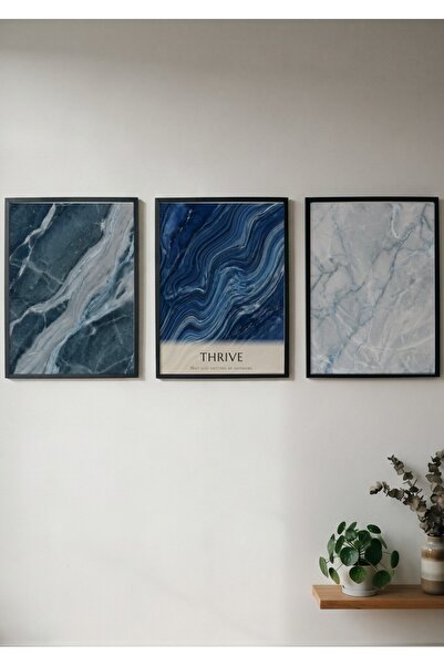 KEYFHOME Thrive Modern Blue Marble Σετ 3 Τεμαχίων Πλαισιωμένο MDF Πίνακας Αφί...