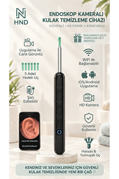 Ear Cam Pro WiFi Kameralı Akıllı Kulak Temizleme Cihazı Full Set - 1296P HD Görüntü, LED Otoskop, iOS & Android