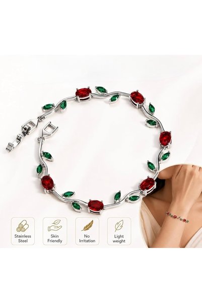 FREE PALACE Vine of Elegance: Red Rose & Emerald Green Steel Bracelet