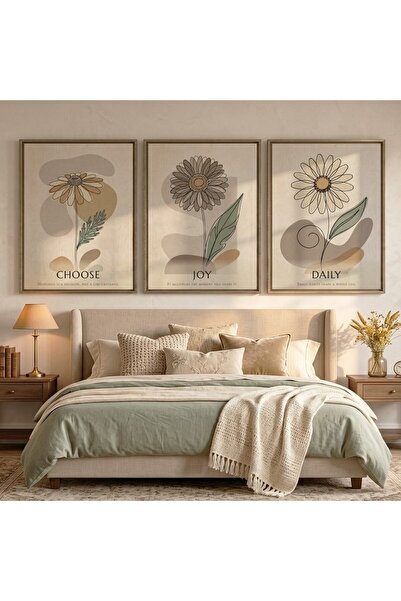 Choose Joy Daily Çiçek Botanik 3'lü Set Çerçeveli MDF Tablo Poster Salon Duvar Dekoru Hediye