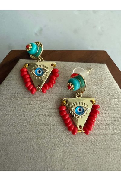 My Joyas Design 14K Altın Kaplama Kırmızı Doğal Taş, Gözlü Etnik küpe