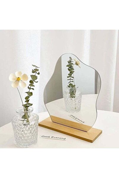Generic Irregular Acrylic Vanity Mirror with Wooden Stand, Wavy Tabletop Desk...
