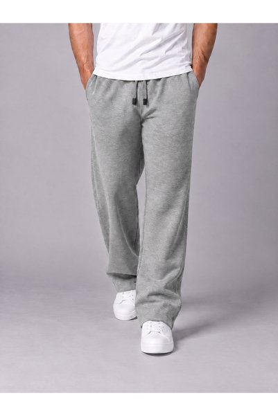 Zenvia Men's Gray Pique Fabric Baggy Loose Fit Trousers with Pocket Detail