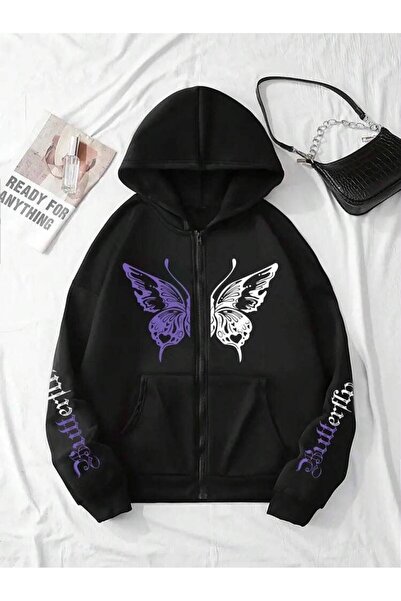 Minga London Siyah Butterfly Mor-Beyaz Baskılı Fermuarlı Kapüşonlu Oversize Sweatshirt