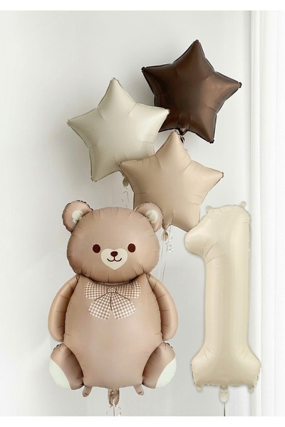 Işıltı Balon Dükkanı 1 Year Old Foil Balloon Set with Teddy Bear and Star Num...