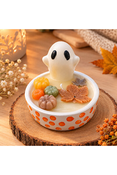 Hayalet Mum Dekoratif – Halloween Mum, Kabak ve Yaprak Detaylı El Yapımı Sonbahar Dekoru