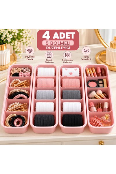 5 Bölmeli Çekmece İçi Düzenleyici Organizer 4’lü Set – Çorap, Takı, Aksesuar ve Makyaj Düzenleyici