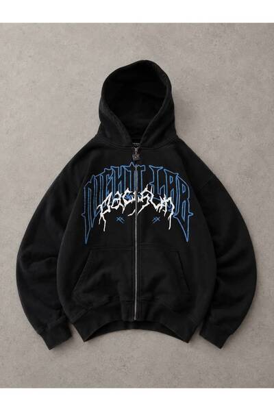Minga London Siyah NıghtClub Mavi Baskılı Fermuarlı Oversize Kapüşonlu Sweatshirt