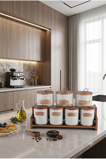 Generic طقم علب توابل وسكر وقهوة مع ستاند خشبي – 7 علب سيراميك بسعات 900 مل للكبير و380 مل للصغير – تصميم أنيق للمطبخ