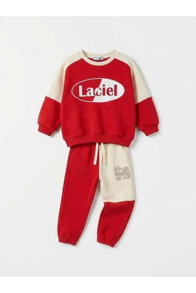 Laciel Prs KAYLO Çocuk 2’li Kırmızı Krem Renkli Sweatshirt ve Eşofman Takımı