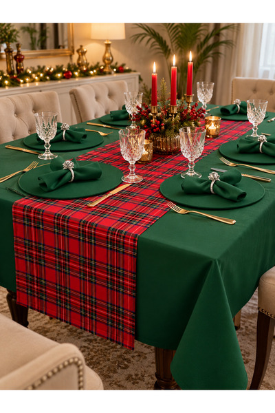 Zeren Home Set de 14 piese pentru masă de Crăciun, cu față de masă verde de C...
