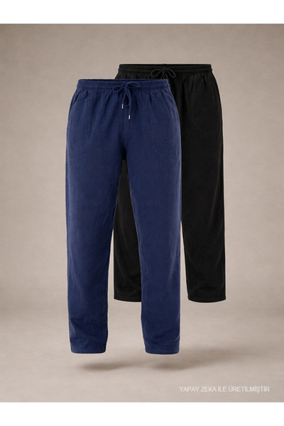 BigBrossBoutique Pantaloni de in pentru bărbați, 2 piese, bleumarin - negru
