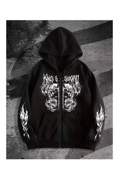 Minga London Siyah King's Sword Baskılı Fermuarlı Kapüşonlu Oversize Sweatshirt