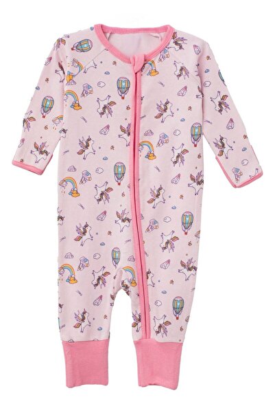 IRO Pink Cotton Romper with Rainbow Unicorn & Zipper for Babies 0-6 Months