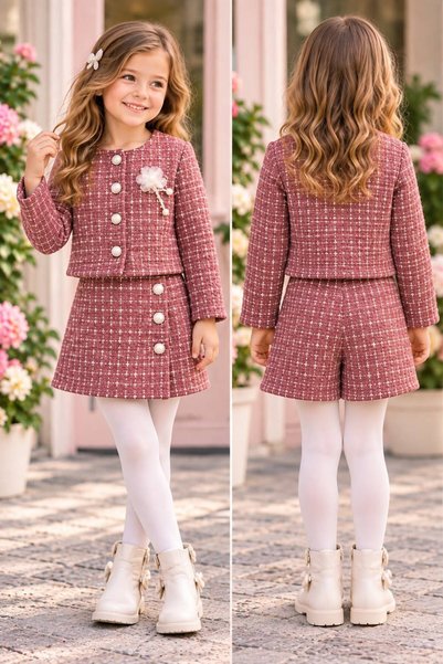 KOZADANKIDS Kız Çocuk Pembe Şort Etekli Takım 2 Parça Takım