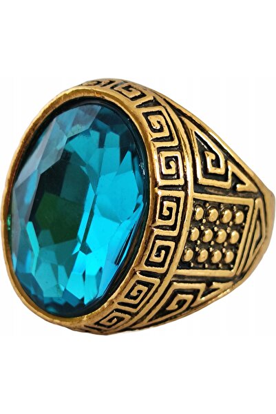 NO BRAND Inel sigiliu vintage din argint sterling, placat cu aur, cu acvamari...