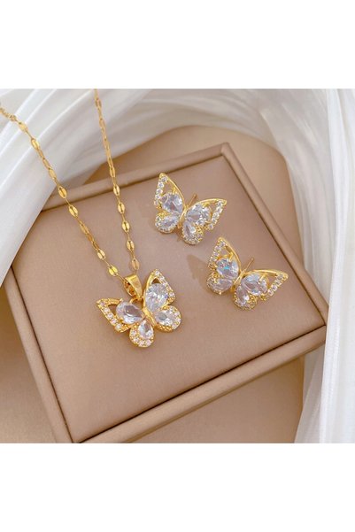 NO BRAND Set colier și cercei fluture auriu, cu zirconiu, din oțel chirurgical