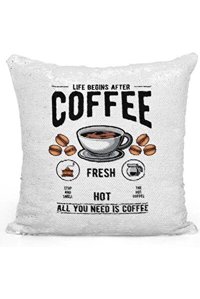 Generic Coffee Themed Sequin Decorative Throw Pillow White/Silver/Black 40x40cm