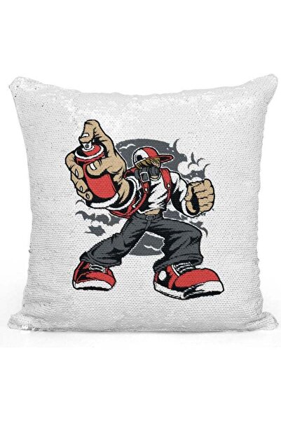 Generic Vintage Graffiti Style Themed Sequin Decorative Throw Pillow White/Si...
