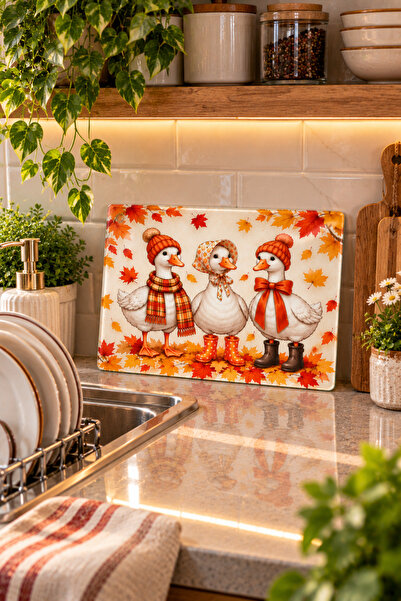 Cam Kesme Tahtası Kaz Figürlü Sonbahar Temalı - Cam Kesme Tablası | 20cm x 30cm