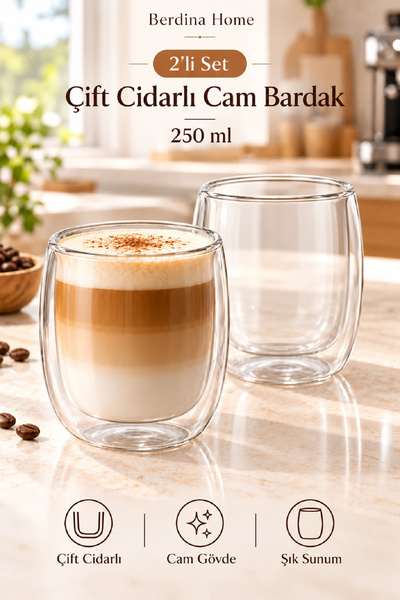 Berdina Home 4’lü Çift Cidarlı Cam Kupa & Bardak Seti Kahve Çay Latte Cappuccino Sunum Seti 2x350 ml ve 2x250 ml