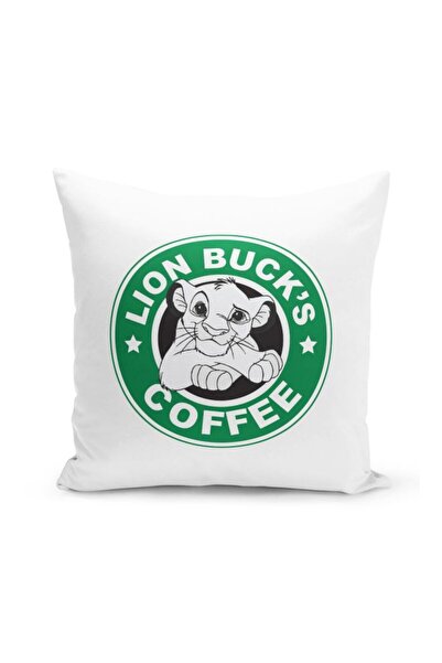 Generic Lion Buck's Coffee Printed Decorative Pillow White/Green/Black 16x16inch