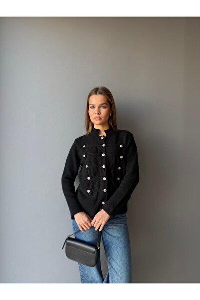 Noi Belis Gold Button Detailed Stand Collar Embossed Pattern Soft Textured Kn...