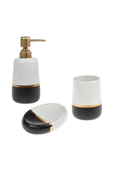 OEM Set baie ceramic 3 piese, crem cu dungi negre și aurii – dai lavoarului u...