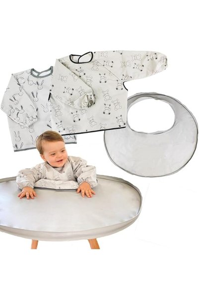 HELLO HIPPO Hello Hippo Waterproof Grey Pattern Learning Tray and Bib Set for...