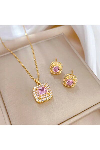 NO BRAND Set colier auriu cu cercei, cu piatră roz, zirconiu cubic, placat cu...