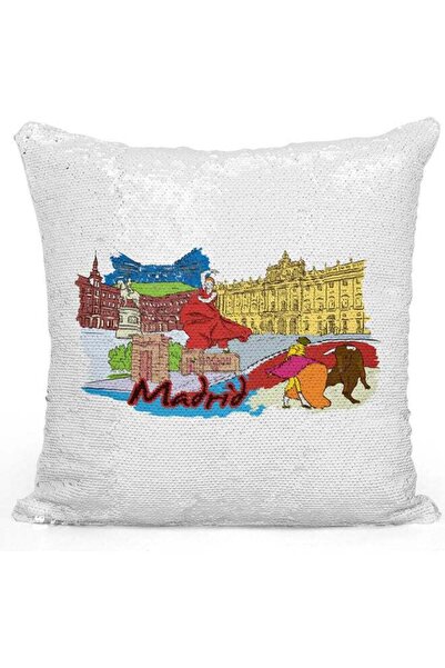 Generic Madrid Themed Sequin Decorative Throw Pillow White/Red/Silver