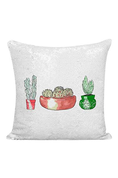 Generic Cactus Plant Theme Sequined Pillow White/Silver/Green 16x16inch