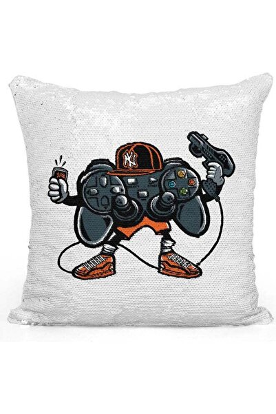 Generic PS Themed Sequin Decorative Throw Pillow White/Orange/Silver 40x40cm