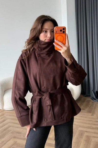 Sorridi Kuşaklı Dik Yaka Beli Büzgülü Süet Ceket