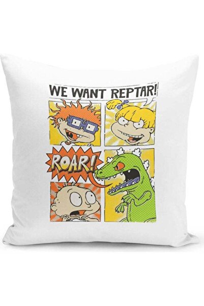 Generic We Want Reptar Roar Dinosaur Funny Comic Themed Throw Pillow White/Pu...
