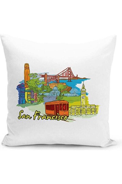 Generic San Francisco Themed Decorative Throw Pillow White/Blue/Yellow 40x40cm