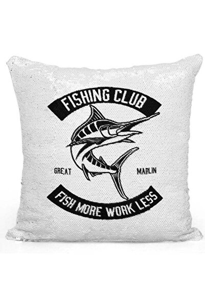 Generic Fishing Club Sequin Decorative Throw Pillow White/Black/Silver 40x40cm