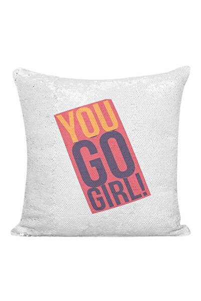 Generic You Go Girl Women Power Quote Sequined Pillow White/Silver/Red 16x16inch