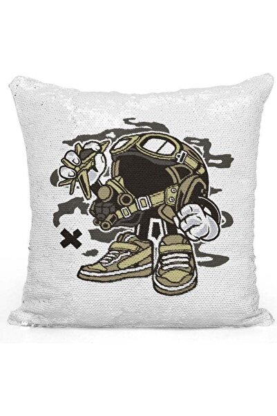 Generic Pilot Kid Themed Sequin Decorative Throw Pillow White/Silver/Black 40...